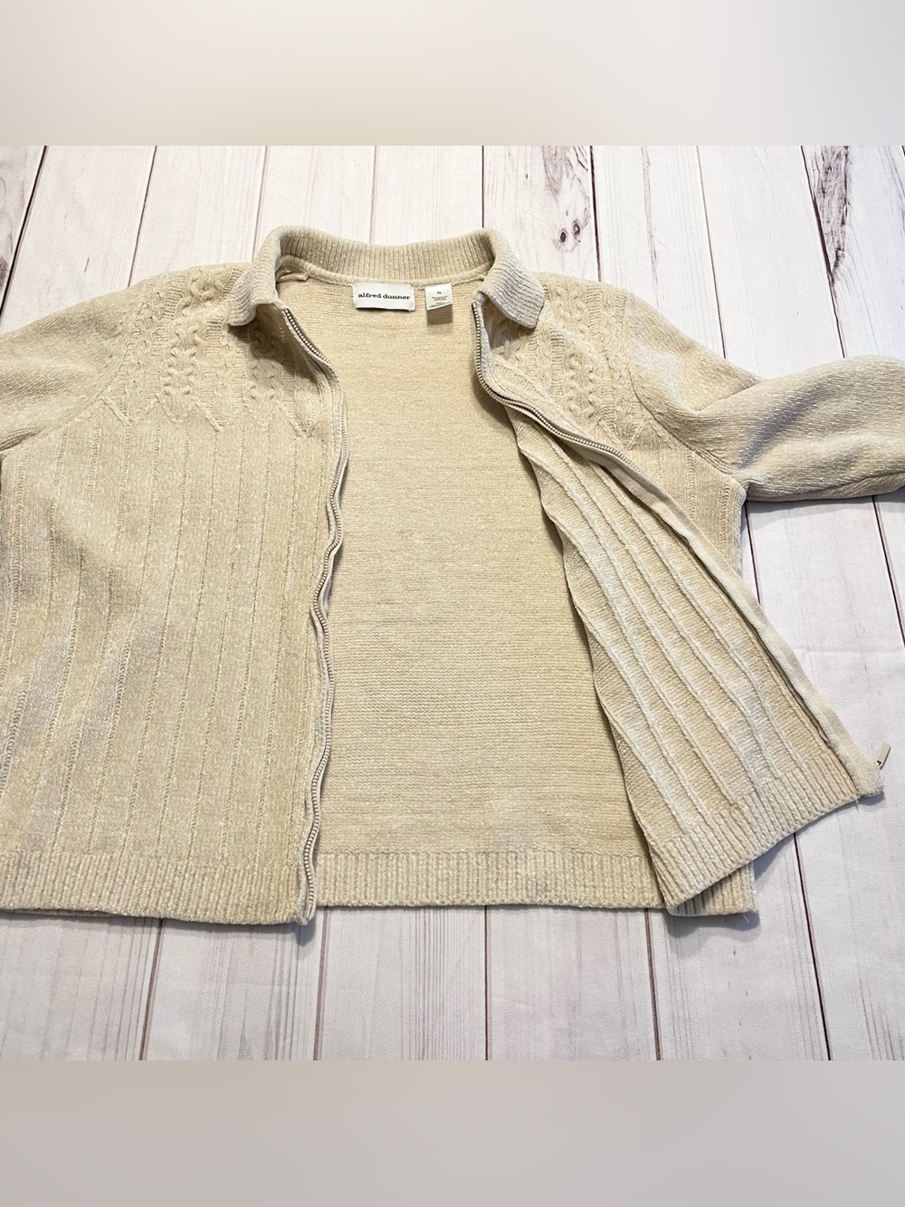 Alfred Dunner Cable Knit Zip Front Cardigan Sweater Womens XL Cream Classic Soft - Picture 6 of 10